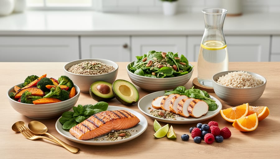 Colorful whole vegetables, whole grains, and water arranged on a kitchen table