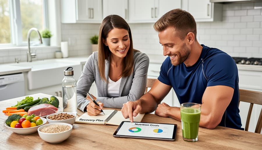 Dietitian assisting a cancer patient while preparing vegetables on a kitchen countertop