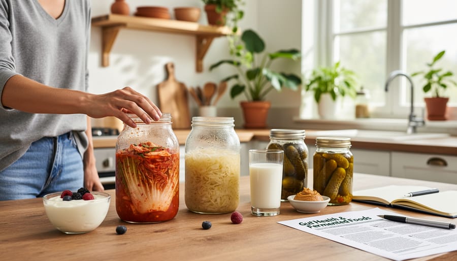 Macro view of fermented vegetables in a jar with visible brine bubbles