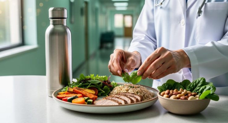 Hands preparing a plate with fresh leafy greens, nuts, and healthy foods for supportive nutrition during cancer recovery.