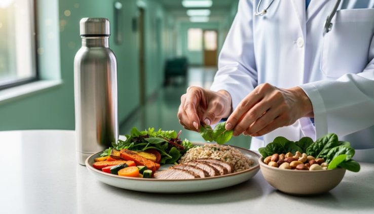 Hands preparing a plate with fresh leafy greens, nuts, and healthy foods for supportive nutrition during cancer recovery.