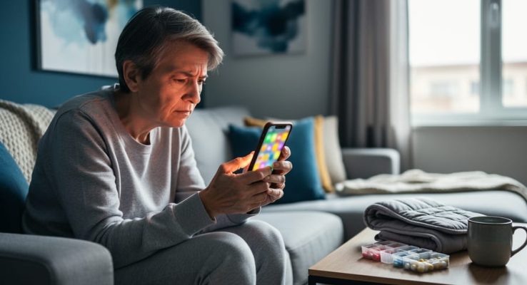 Person sitting on a couch at home with a phone showing colorful, unreadable meme-style images, with a heating pad and pill organizer nearby.