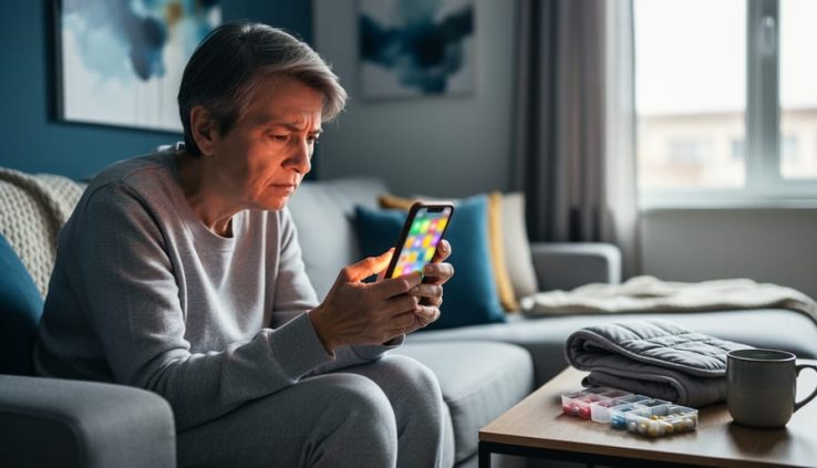 Person sitting on a couch at home with a phone showing colorful, unreadable meme-style images, with a heating pad and pill organizer nearby.