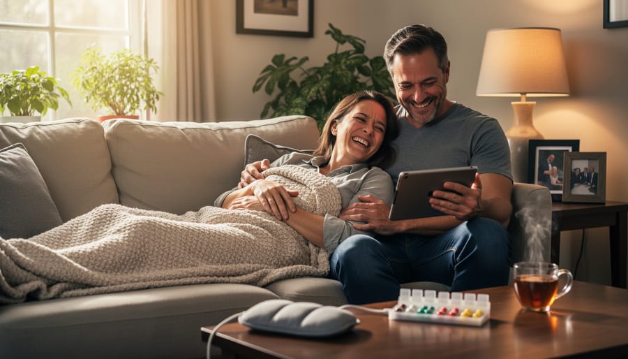 Person on a couch with a heating pad holding a phone as a way to cope with chronic pain