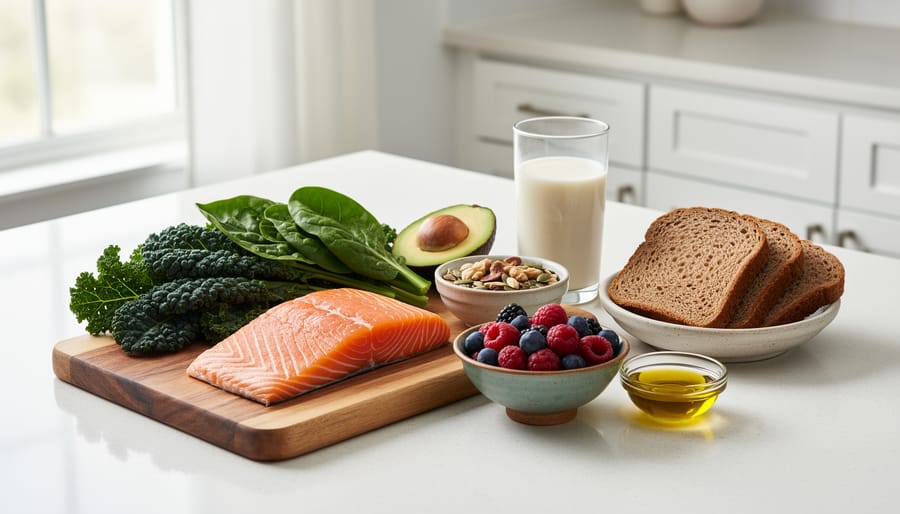 Close-up of healthy foods such as leafy greens, salmon, and olive oil on a kitchen table.