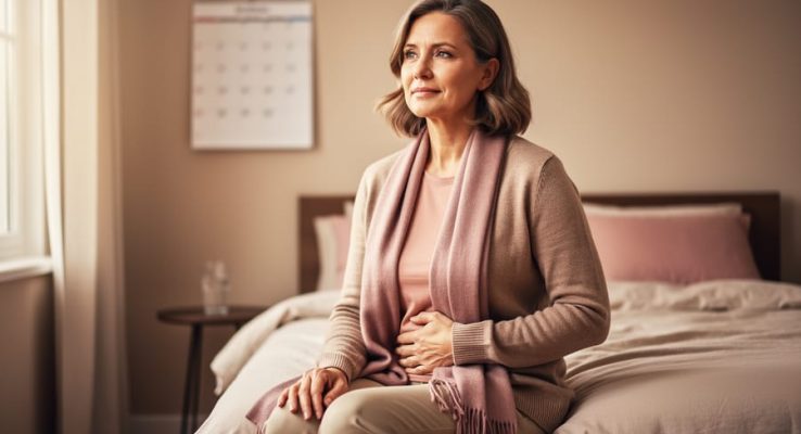 A calm woman seated by a window in warm natural light, conveying the menopausal transition from perimenopause toward menopause.