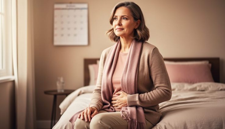 A calm woman seated by a window in warm natural light, conveying the menopausal transition from perimenopause toward menopause.