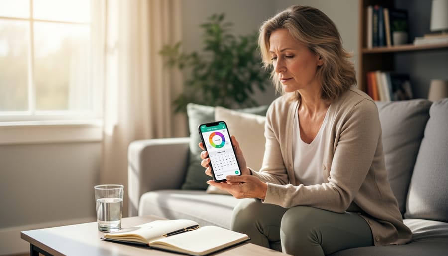 Woman holding a blank notebook while sitting at a kitchen table, suggesting symptom tracking during the menopausal transition.